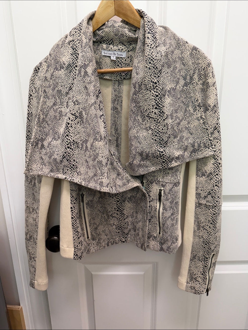 See and Be Seen Cream Snake-Print Draped Suede Jacket